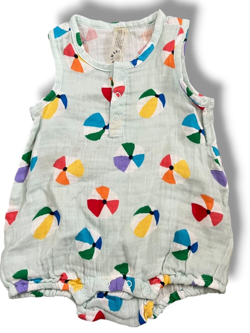 NWT! Primary Baby Shortie Beach Ball Print Muslin Romper in Sea Glass Size 0-3M